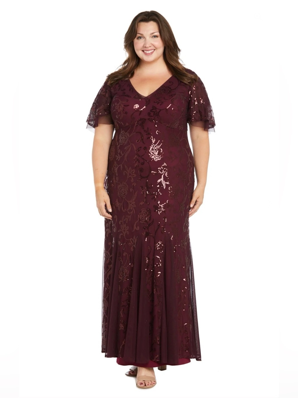 R&M Richards Women's Wine Red Sequin Lined Embellished V-Neck Gown Plus Size 20W